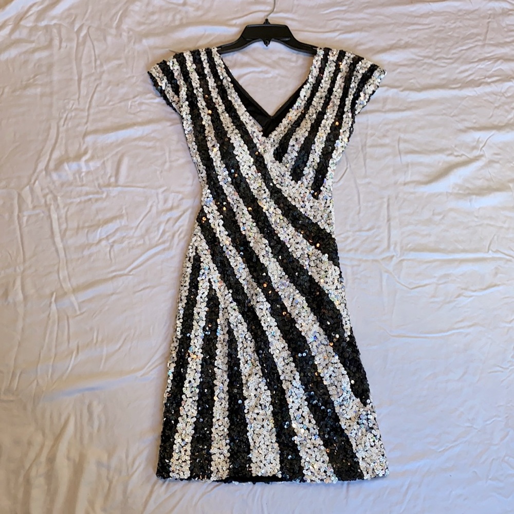 Vivace black and white stripe sequin formal dress